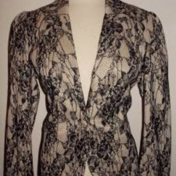 KARDASHIAN KOLLECTION MS SIZE LARGE BLACK LACE OVER NUDE SINGLE BUTTON BLAZER - Picture 2 of 5